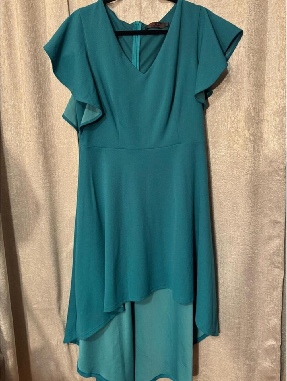V-Neck Teal High-Low Dress with Flutter Sleeves - Picture 2 of 4